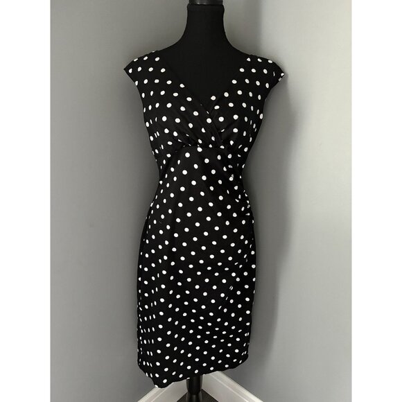 Lauren Ralph Lauren Sheath Dress Black White Polka Dot Ruched Faux Wrap Size 8 - Picture 1 of 9